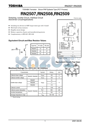 RN2509 datasheet - Switching, Inverter Circuit, Interface Circuit And Driver Circuit Applications