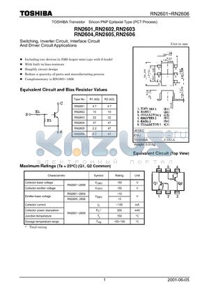 RN2601 datasheet - Switching, Inverter Circuit, Interface Circuit And Driver Circuit Applications