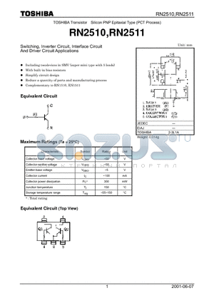 RN2510 datasheet - TOSHIBA Transistor Silicon PNP Epitaxial Type (PCT Process)