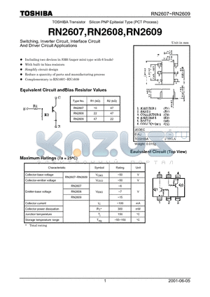 RN2608 datasheet - TOSHIBA Transistor Silicon PNP Epitaxial Type (PCT Process)