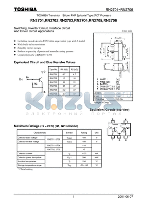 RN2701 datasheet - Switching, Inverter Circuit, Interface Circuit And Driver Circuit Applications