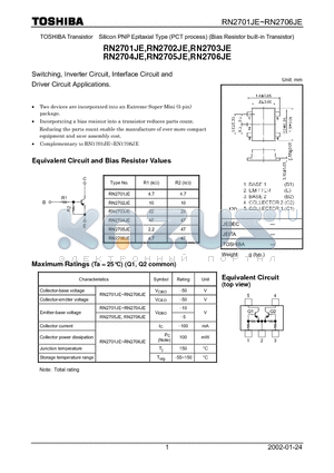 RN2701JE datasheet - Switching, Inverter Circuit, Interface Circuit and Driver Circuit Applications