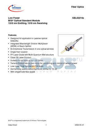 SBL51214N datasheet - Low Power BIDI Optical Standard Module 1310 nm Emitting, 1310 nm Receiving