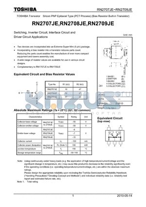 RN2707JE datasheet - Switching, Inverter Circuit, Interface Circuit and Driver Circuit Applications