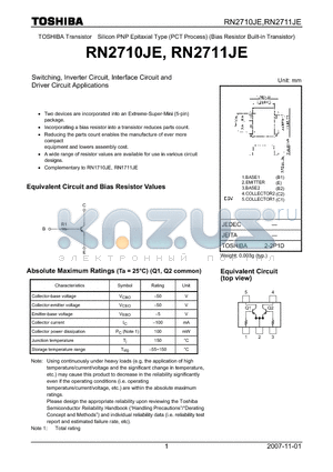 RN2710JE datasheet - Switching, Inverter Circuit, Interface Circuit and Driver Circuit Applications