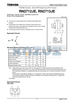 RN2712JE datasheet - Switching, Inverter Circuit, Interface Circuit and Driver Circuit Applications