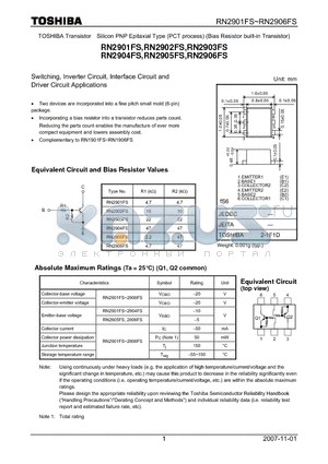 RN2901FS datasheet - Switching, Inverter Circuit, Interface Circuit and Driver Circuit Applications