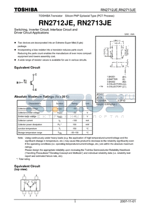 RN2713JE datasheet - Switching, Inverter Circuit, Interface Circuit and Driver Circuit Applications