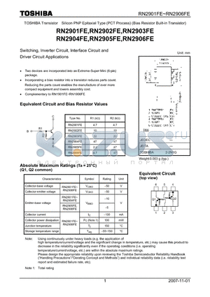 RN2902FE datasheet - Switching, Inverter Circuit, Interface Circuit and Driver Circuit Applications