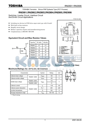 RN2903 datasheet - TOSHIBA Transistor Silicon PNP Epitaxial Type (PCT Process)