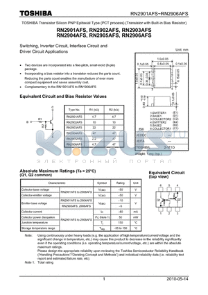 RN2905AFS datasheet - Switching, Inverter Circuit, Interface Circuit and Driver Circuit Applications