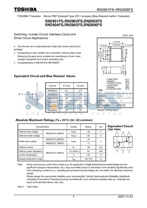 RN2904FS datasheet - Switching, Inverter Circuit, Interface Circuit and Driver Circuit Applications
