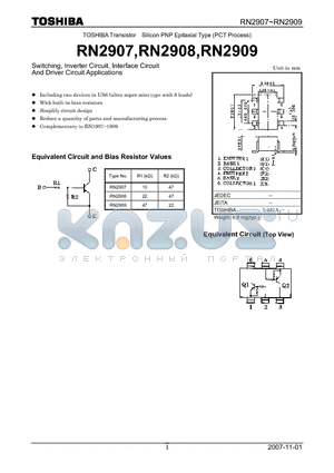 RN2907 datasheet - Silicon PNP Epitaxial Type (PCT Process)Switching, Inverter Circuit, Interface Circuit And Driver Circuit Applications