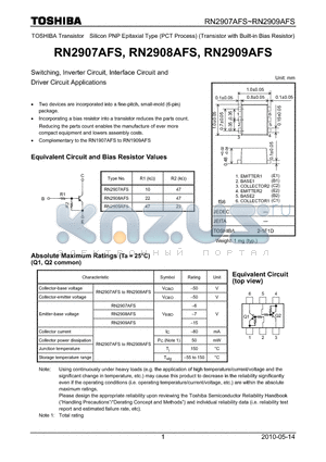 RN2907AFS datasheet - Switching, Inverter Circuit, Interface Circuit and Driver Circuit Applications