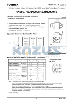 RN2907FE datasheet - TOSHIBA Transistor Silicon PNP Epitaxial Type (PCT process) (Bias Resistor built-in Transistor)
