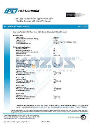 PE-C240 datasheet - Low Loss Flexible RG8X Type Coax Cable Double Shielded with Black PE Jacket