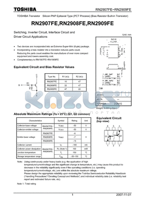 RN2908FE datasheet - TOSHIBA Transistor Silicon PNP Epitaxial Type (PCT process) (Bias Resistor built-in Transistor)