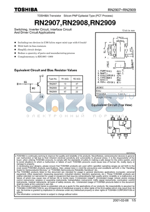 RN2908 datasheet - TOSHIBA Transistor Silicon PNP Epitaxial Type (PCT Process)