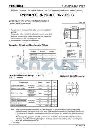 RN2908FS datasheet - Switching, Inverter Circuit, Interface Circuit and Driver Circuit Applications