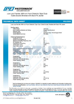 PE-C600 datasheet - Low Loss Flexible .600 inch Foam Dielectric Type Coax Cable Double Shielded with Black PE Jacket