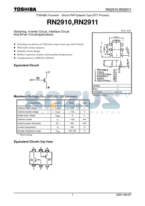 RN2910 datasheet - TOSHIBA Transistor Silicon PNP Epitaxial Type (PCT Process)