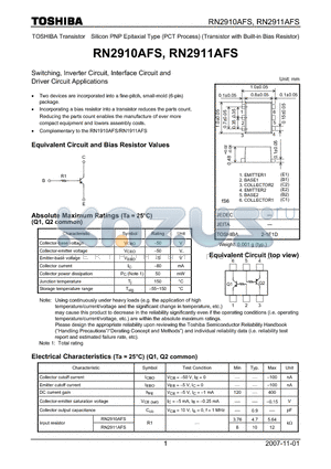 RN2910AFS datasheet - Switching, Inverter Circuit, Interface Circuit and Driver Circuit Applications