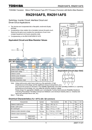 RN2911AFS datasheet - Switching, Inverter Circuit, Interface Circuit and Driver Circuit Applications