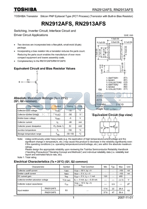 RN2912AFS datasheet - Switching, Inverter Circuit, Interface Circuit and Driver Circuit Applications