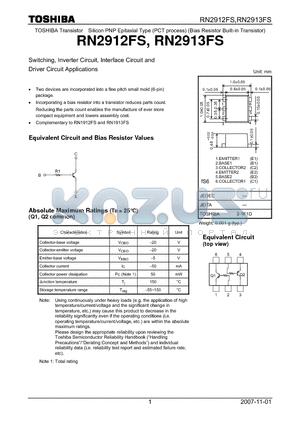 RN2912FS datasheet - Switching, Inverter Circuit, Interface Circuit and Driver Circuit Applications