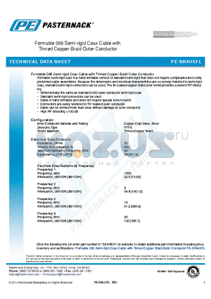 PE-SR405FL datasheet - Formable 086 Semi-rigid Coax Cable with Tinned Copper Braid Outer Conductor