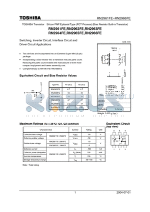 RN2961FE datasheet - Silicon PNP Epitaxial Type (PCT Process) (Bias Resistor Built-in Transistor)