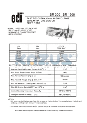 SR1000 datasheet - FAST RECOVERY,100ns. HIGH VOLTAGE 25ma,MINIATURE SILICON RECTIFIERS