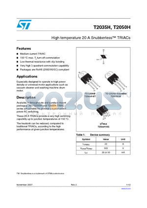 T2035H datasheet - High temperature 20 A Snubberless TRIACs
