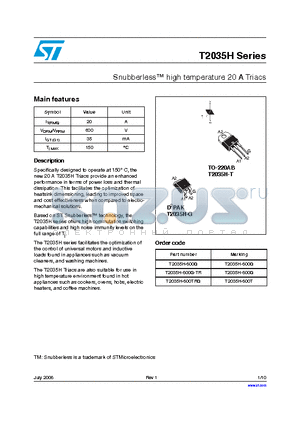 T2035H-600G-RT datasheet - Snubberless high temperature 20 A Triacs