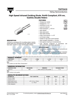 TSFF5410 datasheet - High Speed Infrared Emitting Diode, RoHS Compliant, 870 nm, GaAlAs Double Hetero