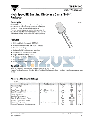 TSFF5400 datasheet - High Speed IR Emitting Diode in ^ mm (T-13/4) Package