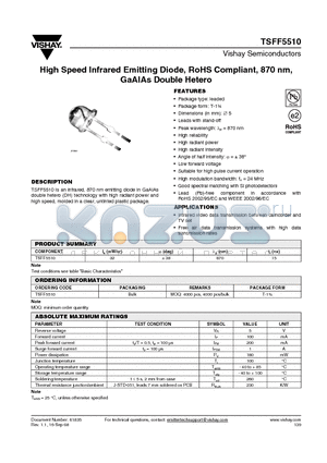 TSFF5510 datasheet - High Speed Infrared Emitting Diode, RoHS Compliant, 870 nm, GaAlAs Double Hetero