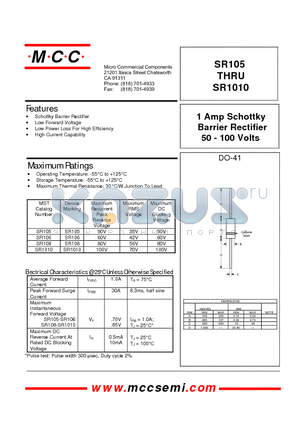 SR1010 datasheet - 1 Amp Schottky Barrier Rectifier 50 - 100 Volts