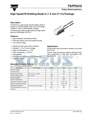 TSFF5410 datasheet - High Speed IR Emitting Diode in 5 mm (T-1 3 /4) Package