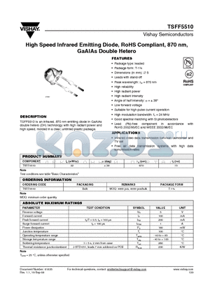 TSFF5510_08 datasheet - High Speed Infrared Emitting Diode, RoHS Compliant, 870 nm, GaAlAs Double Hetero