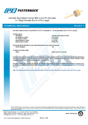 PE1001-1 datasheet - Hermetic Seal Solder Contact With 0.012 Pin Diameter, 0.1 Body Diameter And 0.18 Pin Length