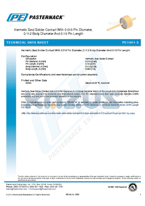 PE1001-3 datasheet - Hermetic Seal Solder Contact With 0.018 Pin Diameter 0.112 Body Diameter And 0.18 Pin Length