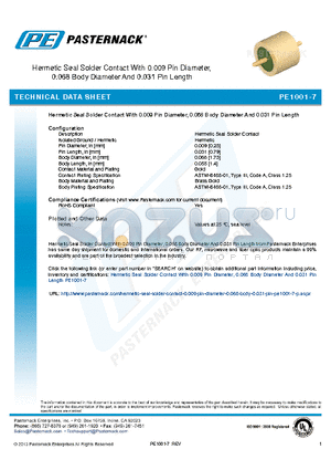 PE1001-7 datasheet - Hermetic Seal Solder Contact With 0.009 Pin Diameter 0.068 Body Diameter And 0.031 Pin Lengthq