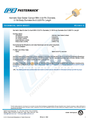 PE1001-5 datasheet - Hermetic Seal Solder Contact With 0.02 Pin Diameter 0.158 Body Diameter And 0.229 Pin Length