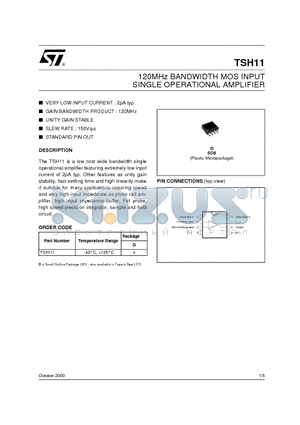 TSH11 datasheet - 120MHz BANDWIDTH MOS INPUT SINGLE OPERATIONAL AMPLIFIER