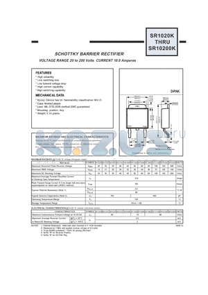 SR10150K datasheet - SCHOTTKY BARRIER RECTIFIER VOLTAGE RANGE 20 to 200 Volts CURRENT 10.0 Amperes