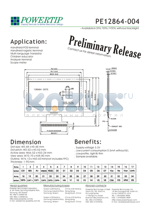 PE12864-004 datasheet - - Available in STN, FSTN, FFSTN; with/out backlight.