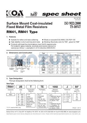 RN412BTTE1002F100 datasheet - Surface Mount Coat-insulated Fixed Metal Film Resistors