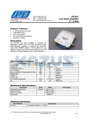 PE1521 datasheet - Low Noise Amplifier 2  6 GHz