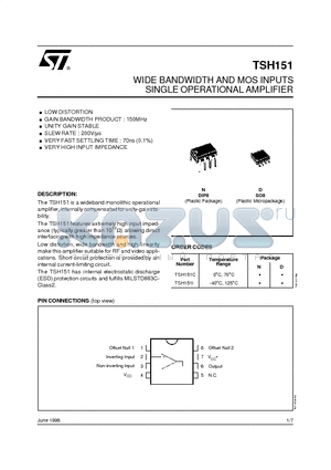 TSH151 datasheet - WIDE BANDWIDTH AND MOS INPUTS SINGLE OPERATIONAL AMPLIFIER